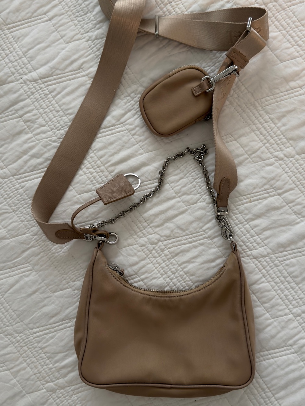 Beige Nylon Chain-Accent Crossbody Bag with Mini Pouch
